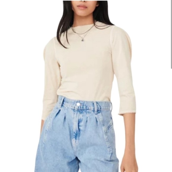 Free People | We the Free Puff Shoulder Oatmeal Clover Top Medium Boho Cotton - Picture 3 of 10